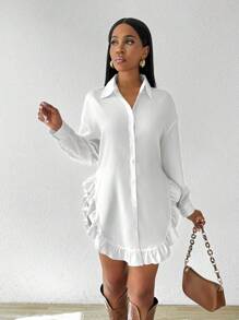 SHEIN LUNE 女士纯色荷叶边装饰纽扣前襟女式衬衫 - 白色 - 查看 8