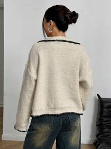 Flirla 1 pieza Cárdigan casual, diario, para ir al trabajo de cuello en V con ribete de contraste, estilo minimalista y holgado para mujer