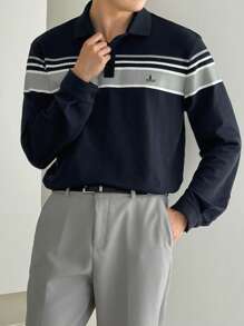 DAZY Áo thun polo nam tay dài kẻ sọc thường ngày đi làm, mùa thu - Màu xanh lam - Xem 1
