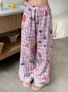 DAZY 格子涂鸦印花宽松直筒睡裤，秋冬款 - 粉色 - 查看 9