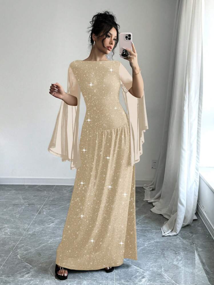 Elenzga 25+ Pcs Casual Elegant Party Style Sequin Dress Maxi Women Outfit Fall Cloth For Women - Apricot - View 1