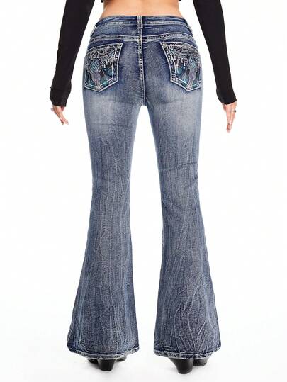 ROMWE Hippie Denim Cowgirl Bordado Estilo Boêmio Cintura Baixa, Country