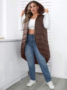 Calvaya Fashionable Asymmetrical Front Short Back Long Padded Vest - Brown - View 4