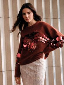 Anewsta Handcraft Beaded & Sequin Decorated Elegant Pullover Sweater Knit Pullover Fall Winter Outfit - Burgundy - View 7