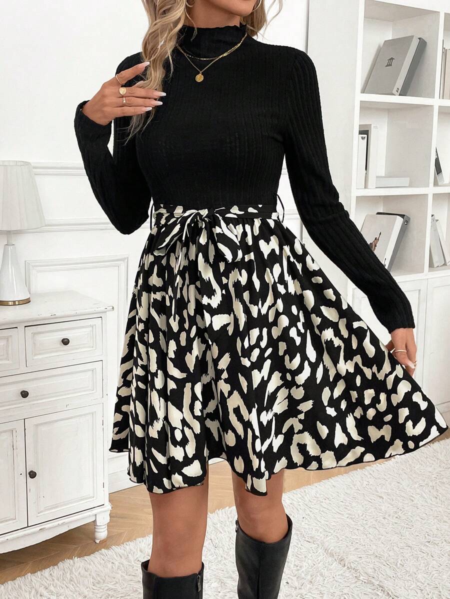 SHEIN Frenchy 女式纯色立领长袖休闲连衣裙 - 黑色 - 查看 1