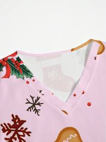 PopScrub Gingerbread Christmas Cartoon Print Scrub Top, Uniform - Pink - View 4
