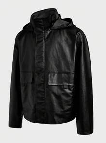 Manfinity NXTstreet Herren Loose Woven Jacke aus PU-Leder, Cargo Ausgeh Schwarze Jacke mit Langarm, als Geschenk für Freunde, Ehemann, Freund, für Herbst und Winter - Schwarz - Übersicht 5