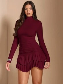 SHEIN BAE Vestido mini de manga larga, doble capa y fruncido en color bliso sólido, adecuado para graduación, baile, fiesta de cócteles, cita romántica, uso en capas, fiesta, evento formal, Halloween, Navidad - Burdeos - Ver 9