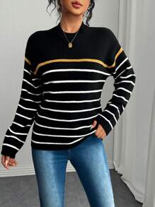 SHEIN Unity Women's Classic Casual Slouchy Colorblock Striped Knit Sweater, Autumn/Winter Knit Pullover Fall - Black - View 3