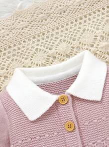 SHEIN Newborn Baby Contrast Color Turndown Collar Single-Breasted Long Sleeve Casual Knitted Romper, Autumn/Winter - Pink - View 4