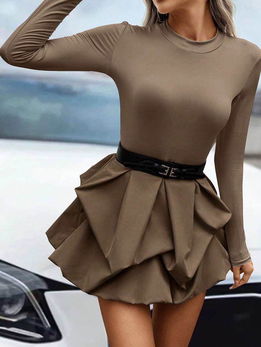 SHEIN Unity Váy xòe viền trơn màu thanh lịch cỡ lớn, mùa thu - màu nâu - Xem 1