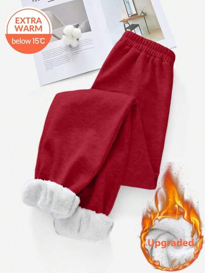 SHEIN LUNE Thermal Lined Leggings Red Christmas Women Clothes Christmas Warm Pants Women's Warm Thermal Lined Sweatpants, Suitable For Autumn/Winter
