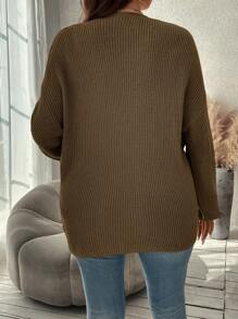 SHEIN Clasi 大码女式仿珍珠装饰交叉长袖优雅套头衫，秋冬款 - 棕色 - 查看 2