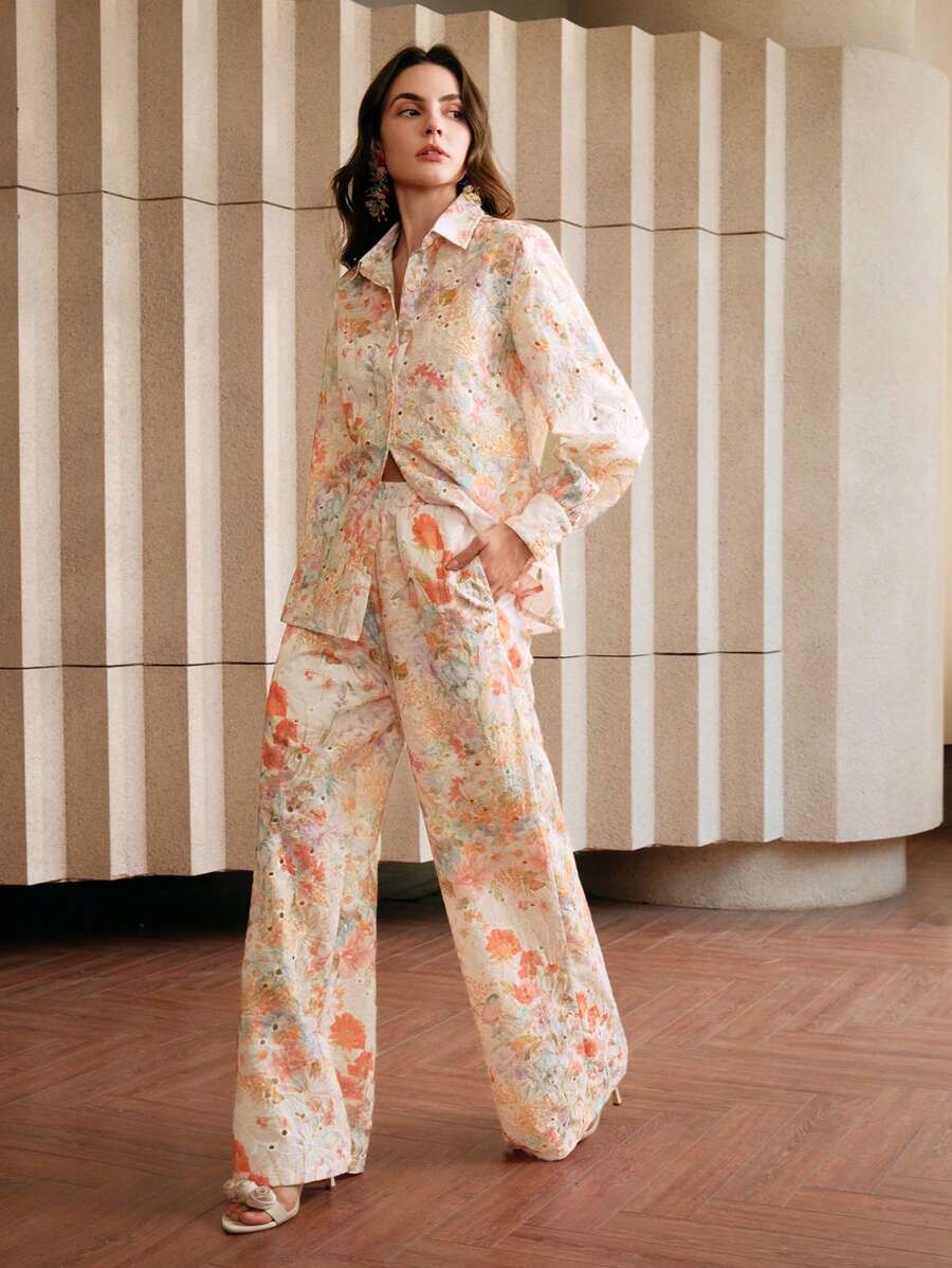 Anewsta 2件組女款休閒前開扣長袖印花上衣與長褲套裝 - 彩色 - 查看 1