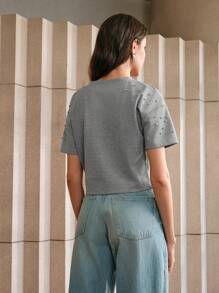 Anewsta Commuting Style Rhinestone Embellished Black Fitted Knit Top For Women - Grey - View 2