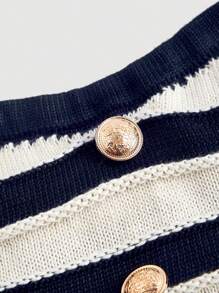 SHEIN MOD Black & White Striped Metal Button Decorated Knit Vest Top For Women - Navy Blue - View 3