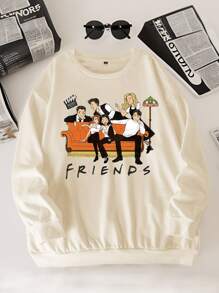FRIENDS X SHEIN Plus Size Thickened Knitted Friends Character Print Sweatshirt In Cream White, For Winter - Beige - View 1
