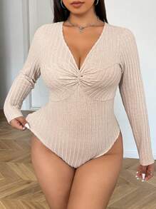 SHEIN EZwear Bộ đồ liền thân xoắn quả mơ cỡ lớn thường ngày, quần áo mùa thu, mùa đông cho phụ nữ - Màu be - Xem 2