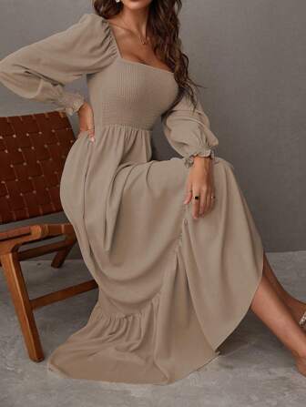 Chiquease Fyrkantig hals Rynkad Ruffle Hem Klänning Maxi Kvinnor Outfit