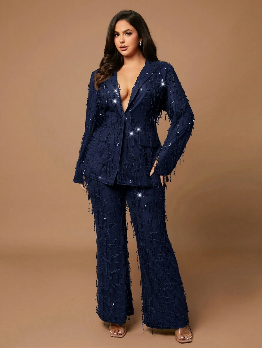 SHEIN BAE Pantalones acampanados de mujer talla grande de color negro sólido con cuentas y flecos elegantes para fiestas y Halloween, atuendos para graduación, regreso a la escuela y maestras - Azul Marino - Ver 1