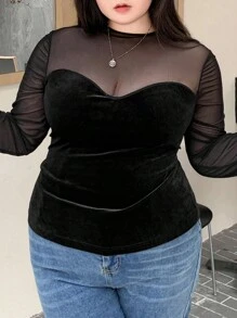 Dazy Plus 大码撞色网纱天鹅绒高领修身T恤，春夏秋季外出上衣女装 - 黑色 - 查看 8