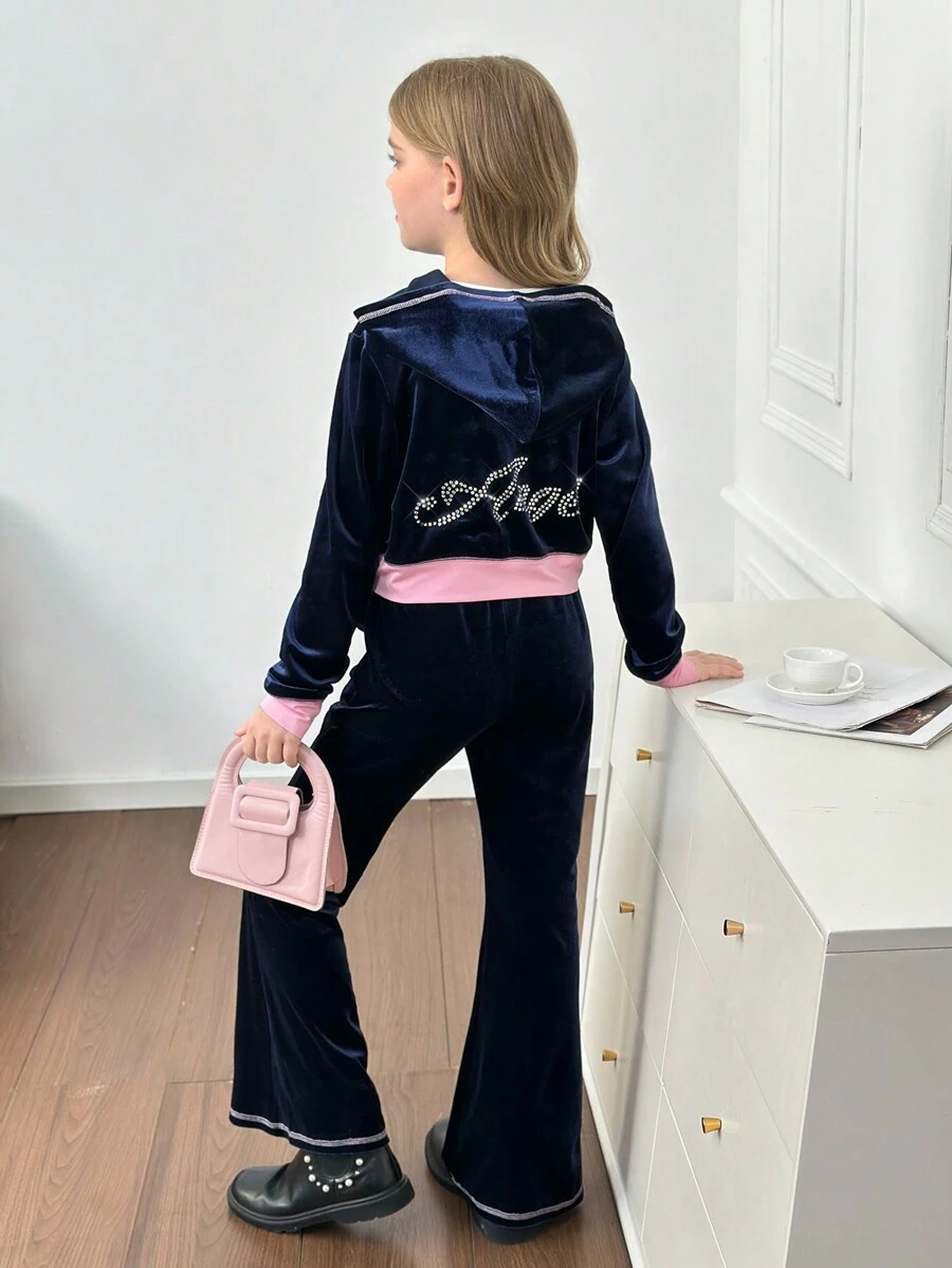 SHEIN Tween 女童水钻字母印花天鹅绒连帽夹克和裤子休闲套装，秋冬 - 藏蓝色 - 查看 1