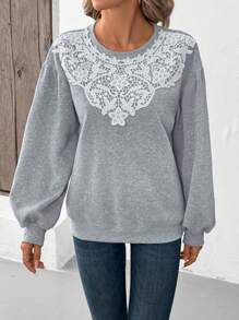 SHEIN LUNE Women's Casual Lace Long Sleeve Sweatshirt, Holiday Wear