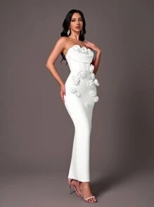 Glamrae Elegante vestido de noche de cóctel con diseño de flor 3D, cuello de volantes sin tirantes y escote de tipo ballena