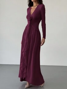 Aloruh New Elegant Ruffle Tie Decor 3D Flower Design Sexy Deep V Net Long Dress - Purple - View 3