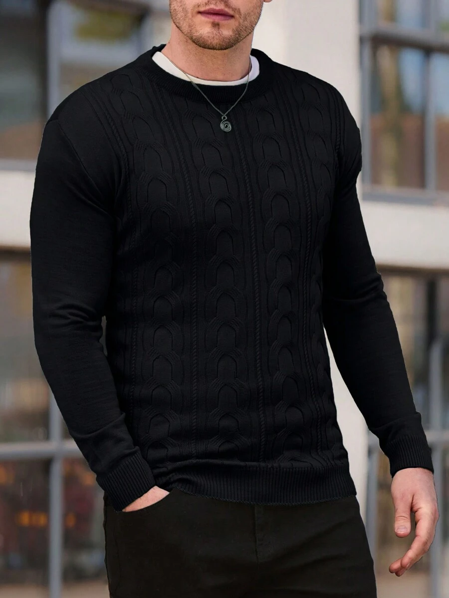 SHEIN Cottnline Suéter masculino clássico texturizado de malha slim fit - Cinza escuro - Ver 1