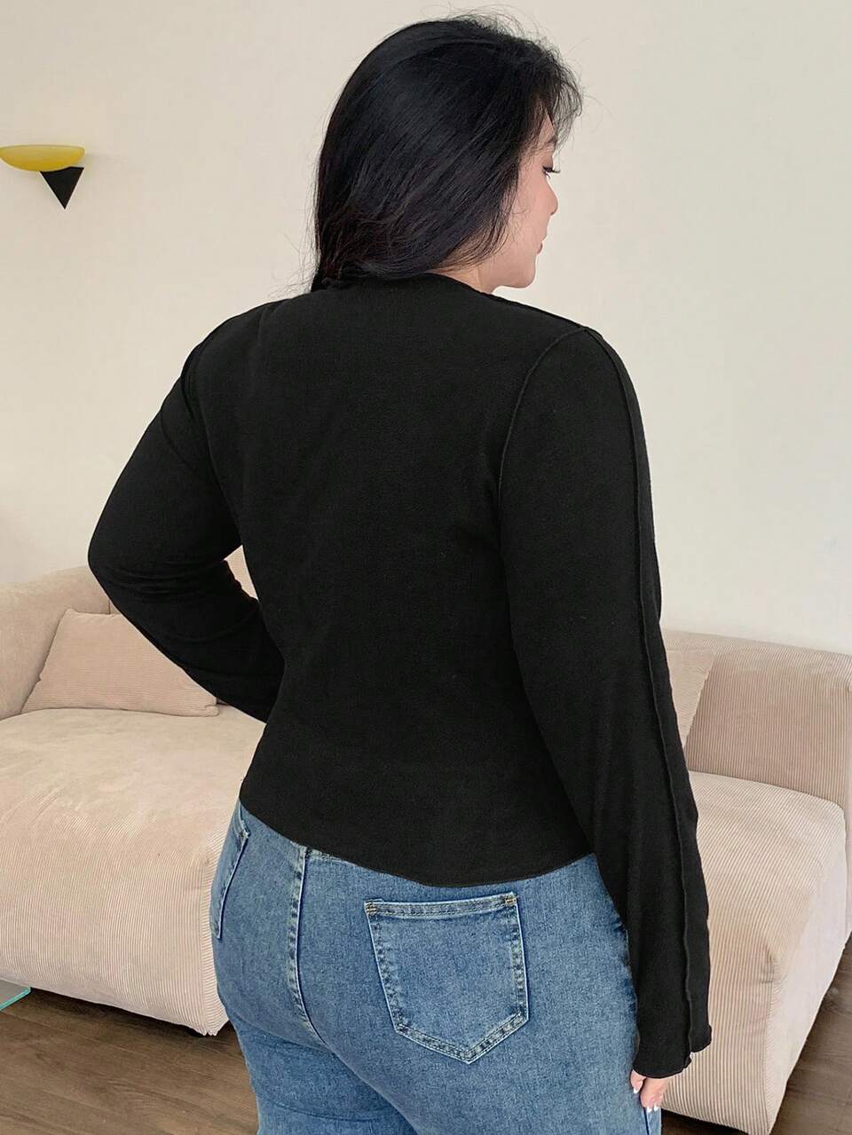 Dazy Plus Plus Size Round Neck Solid Color Patchwork Slim Fit Base Layer T-Shirt, Spring/Summer, Fall Clothes,Back To School Clothes Long Sleeve Women Tops