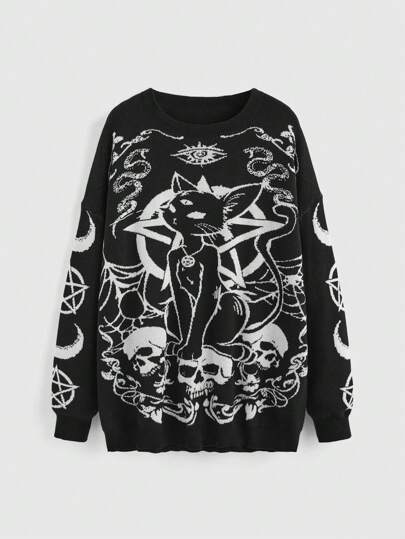 Goth Maglione oversize stile gotico con intarsio di gatto nero, scheletro, luna e serpente, taglie comode, adatto per l'inverno