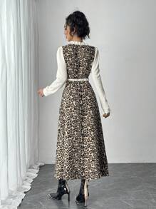 Chiquease 2 件套仿麂皮豹纹拼布蕾丝衬衫，荷叶边下摆圆领长袖背心和 A 字喇叭裙，优雅办公室装扮 - 棕色 - 查看 2