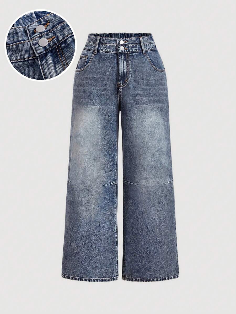 SHEIN MOD 加大码宽松阔腿蓝色牛仔裤，高腰宽松牛仔裤，复古宽松牛仔裤，感恩节，冬季女装 - 灰色 - 查看 1