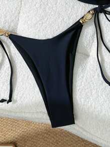 Swim Chiccia Solid Color Spaghetti Strap Shell Decor Bikini Top And Tie Side Swim Shorts 2 Pieces Bikini Set, Summer - Black - View 4