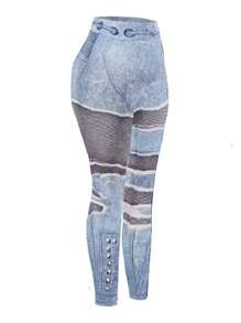 SHEIN Unity Full Pattern Elastic Waist Skinny Casual Pants Fall Cloth For Women - Blue - View 4