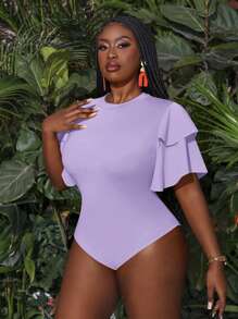 Slaydiva Plus Size Multi-Layered Ruffle Sleeve Bodysuit - Mauve Purple - View 3