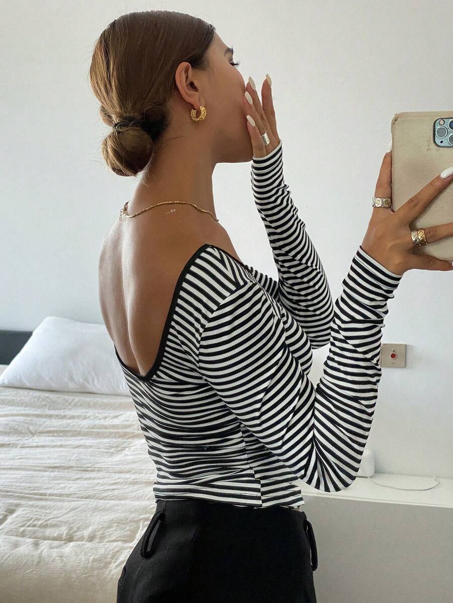 Livesso Striped Slim Fit Long Sleeve T-Shirt For Women , Backless Top,Halter Top,Fall Clothes - Black - View 1