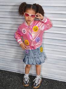 Young Girls Laser PU Jacket With Embroidered Graphic + Denim Pleated Skirt With Embroidered Graphic, Cool Matching 2-Piece Set - Pink - View 4