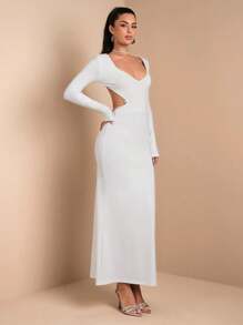 SHEIN BAE Vestido ceñido de manga larga, elegante, de escote en V y espalda descubierta, con cola de pez, de color liso para mujer - Blanco - Ver 6