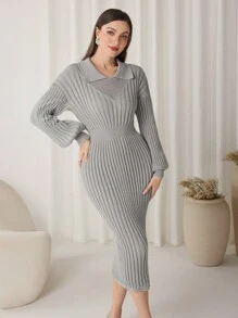 Modelyn Women's Collared Fitted Bodycon Sweater Dress - Grey - View 3