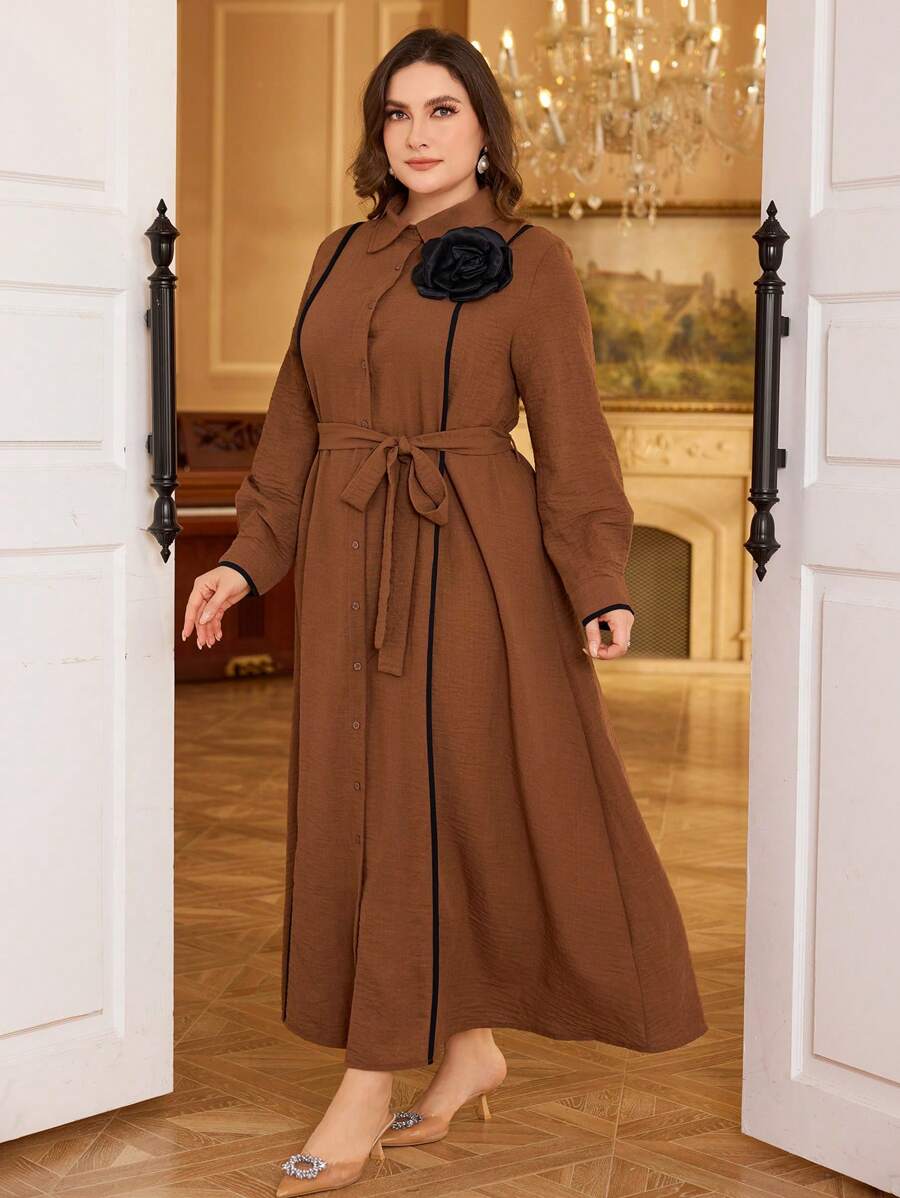 Modelyn 女士休闲收腰拼色花卉印花中长衬衫裙，秋冬季超长女士装长款晚礼服