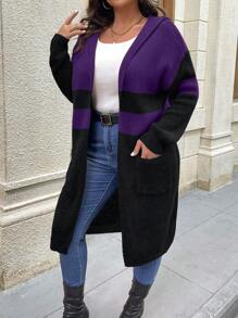 Plus Size Solid Color Patchwork Long Sleeve Cardigan, Casual Everyday Wear, For Winter - Purple - View 6