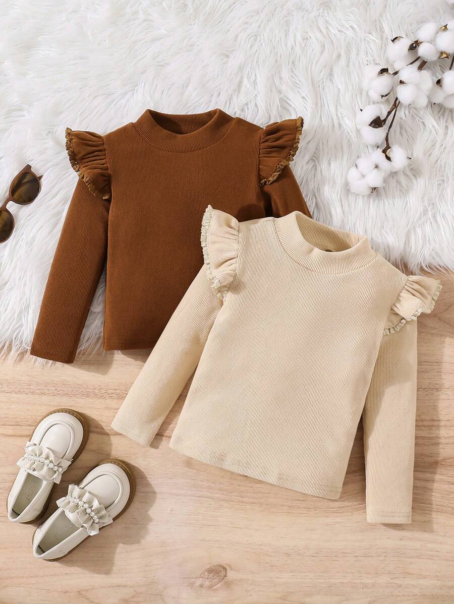 SHEIN 2 件套年轻女孩纯色荷叶边圆领休闲 T 恤 - 彩色 - 查看 1