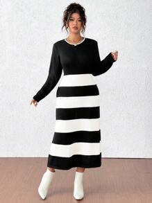 Franclia Plus Size Damska Okrągły Dekolt Paski Patchwork Długi Rękaw Prosta Swobodna Elegancka Dzianinowa Sukienka, Na Zimę