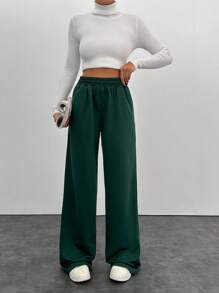 Women's Solid Color Elastic Waist Pocket Wide Leg Loose Casual Sweatpants