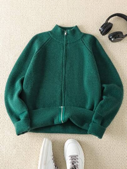 Manfinity NXTstreet Men's Knit Slim-Fit Stand Collar Raglan Sleeve Casual Cardigan, Autumn/Winter Going Out Vintage Plain Dark Green Chunky Cardigan, For Husband, Boyfriend Gifts, Grunge Style