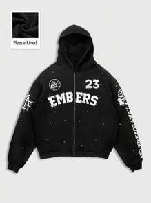 ROMWE MEN Street Life Men's Front Zip Letter Graphic Minimalist Casual Hoodie Sweatshirt - Black - View 1