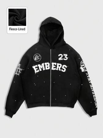 Street Life Sudadera casual con capucha y cremallera delantera con gráfico de letras minimalista para hombre