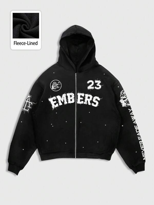 ROMWE MEN Street Life Men's Front Zip Letter Graphic Minimalist Casual Hoodie Sweatshirt